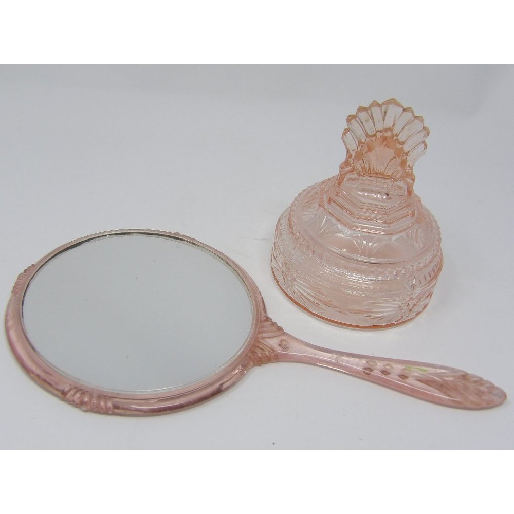 Vintage Art Deco Pink Glass Pleated Fan Powder Box with Complementing Pink Plast